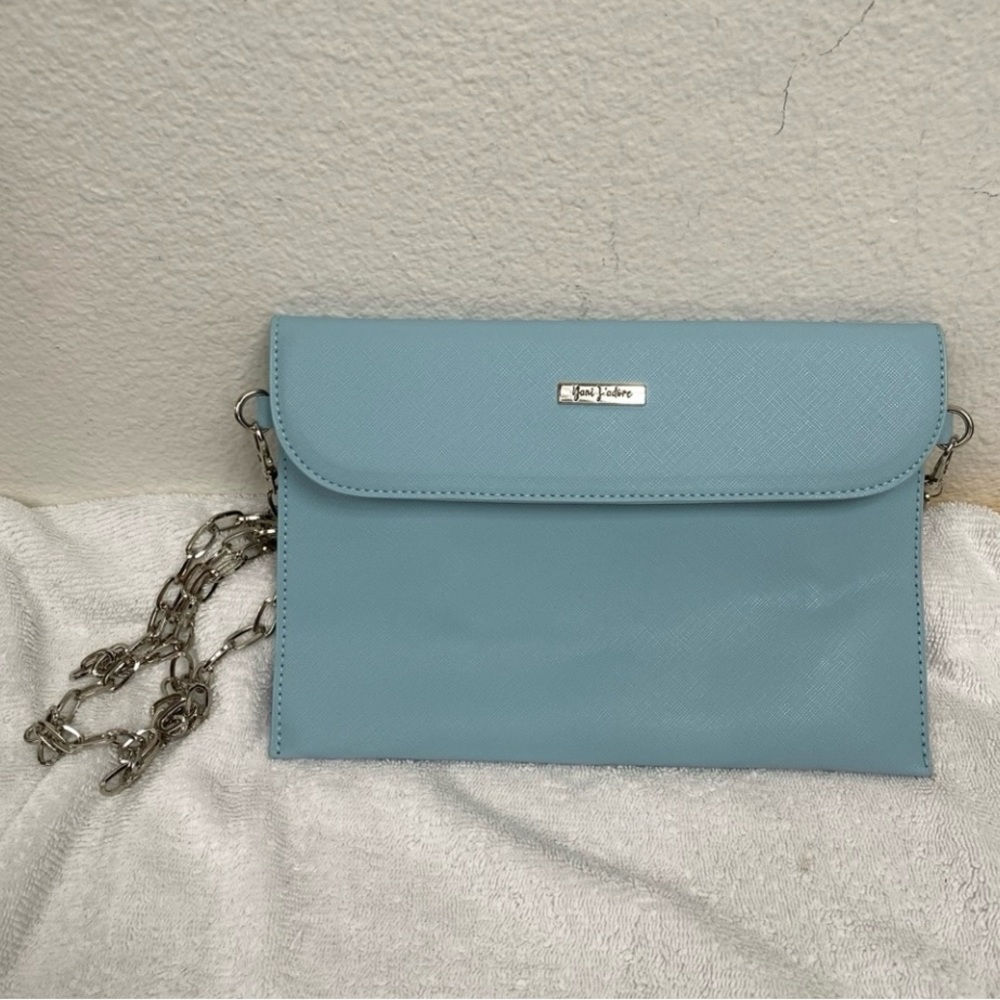 Yani J'adore Sky Blue Fold Over Faux Leather Chainlink Removable Strap Bag Purse